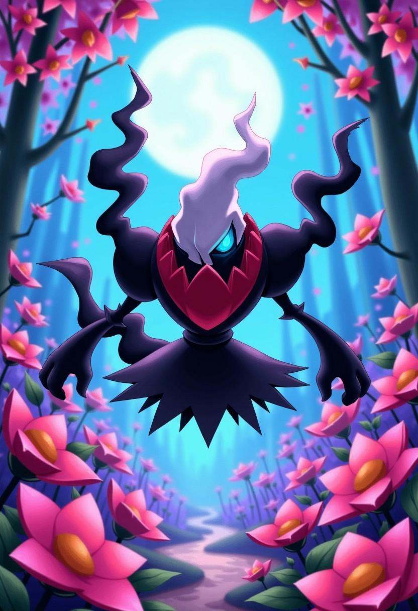 a dark digital illustration of darkraiXL with blue eyes,  floating in a mystical and whimsical pastel flower forest on Ten...