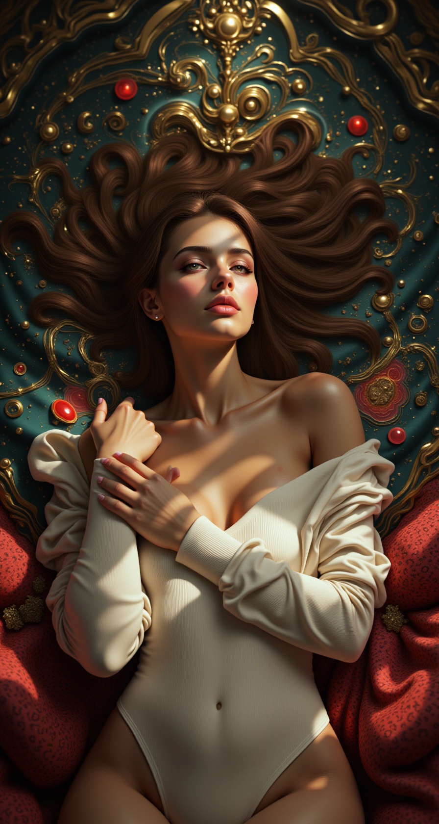 Dt@1lr,  A hyperrealistic scene of a sensual,  long-haired woman reclining in a mystical on Tensor.Art