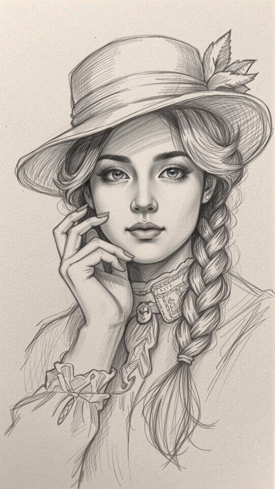 head portrait victorian female,  braided long hair,  hat on Tensor.Art
