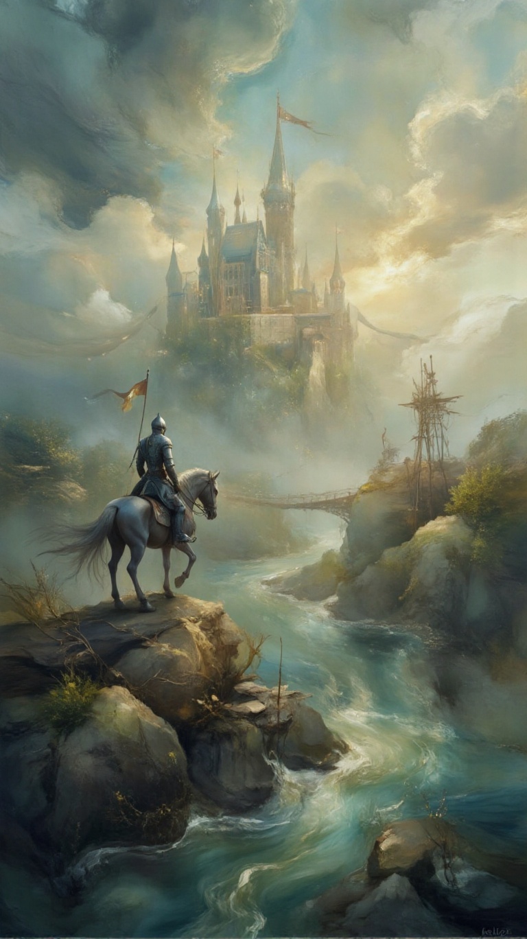 A lone knight on horseback stands at the edge of a river,  looking towards a distant,  imposing castle shrouded in mist. A...