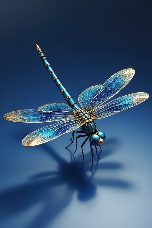 The image depicts a highly detailed and intricate model of a dragonfly,  rendered in a luxurious and artistic style. The d...