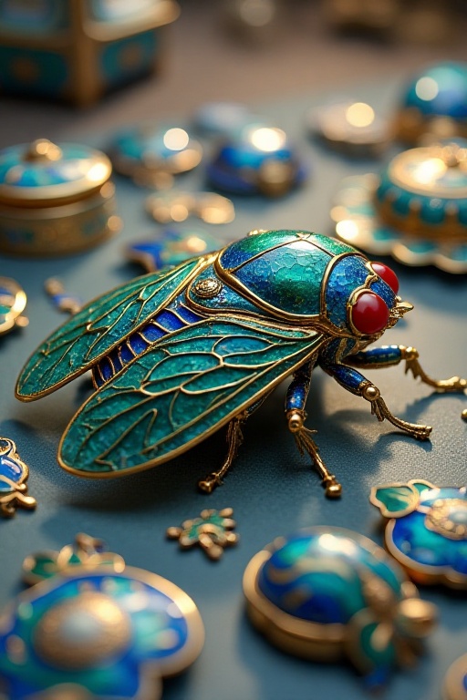 The image showcases a highly detailed and intricate model of a cicada,  crafted with a combination of vibrant colors and m...
