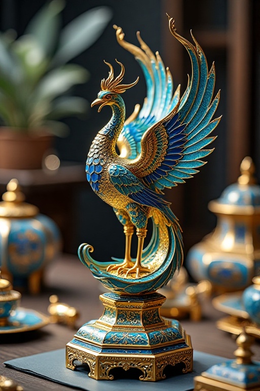 The image depicts a highly detailed and ornate sculpture of a phoenix,  crafted with intricate gold and blue enamel work....