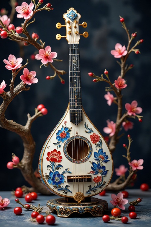 The image features a beautifully crafted lute with intricate blue and red floral patterns on its body,  set against a dark...