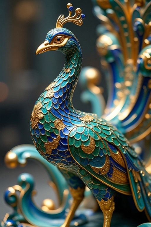 The image depicts a highly detailed and ornate sculpture of a peacock. The peacock is intricately designed with vibrant bl...