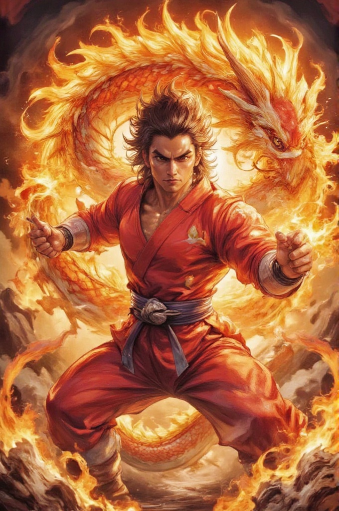 Create a story about tigerwong-style,  a fierce martial artist in a red gi who channels the power of flamefx-style and myt...