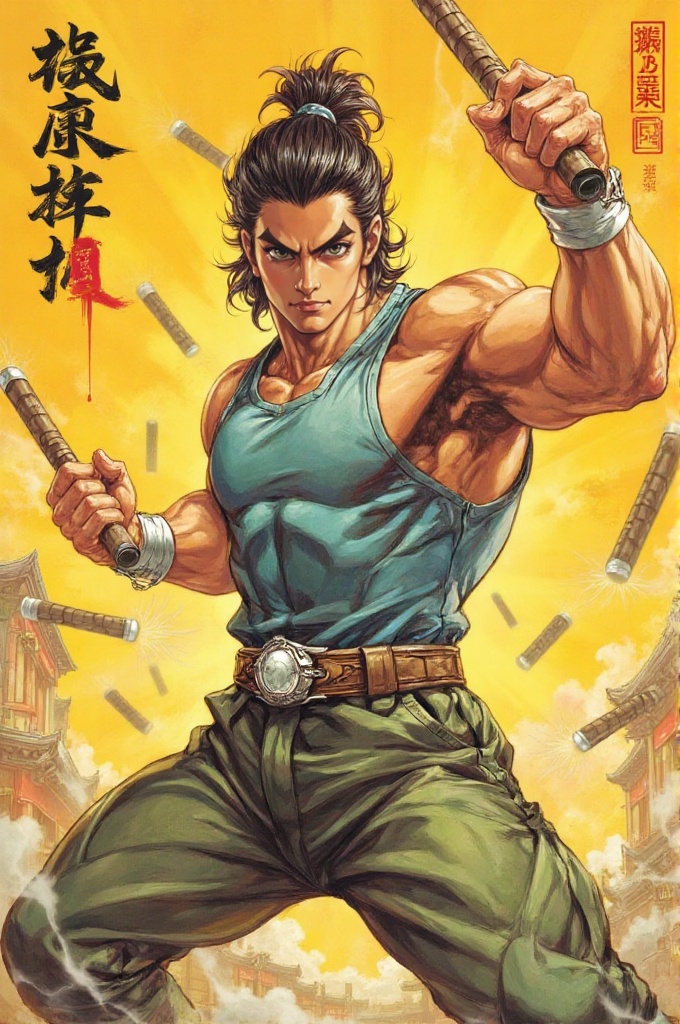 A hyper-muscular martial artist in a dynamic action pose wielding classicnunchaku,  surrounded by flying batons of classic...