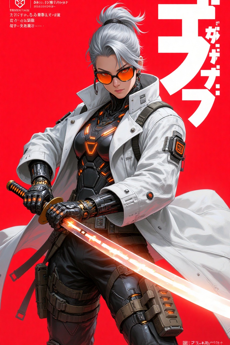 A futuristic cyberpunk warrior with a sleek silver ponytail and orange-tinted sunglasses,  dressed in a white high-tech tr...