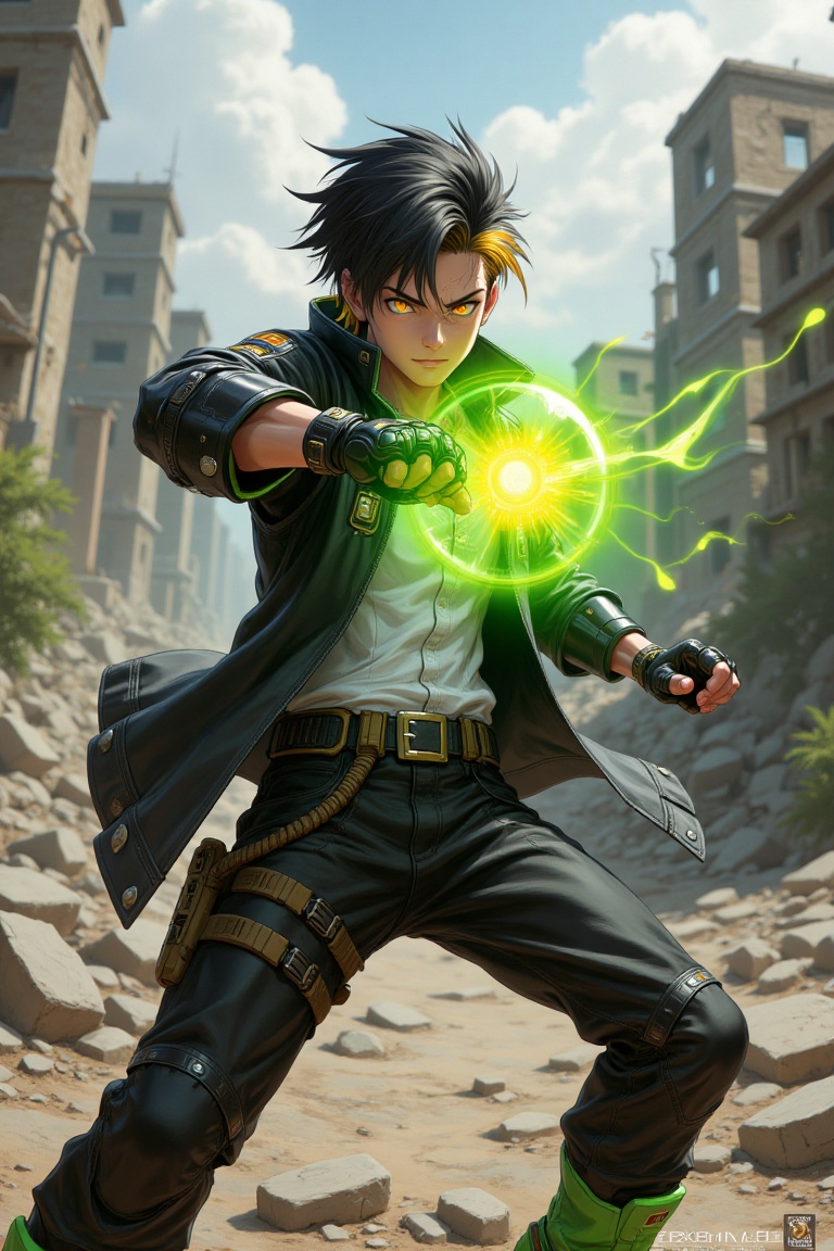 Ultra-realistic photo of a striking young man with yellow eyes,  black hair with yellow tips,  in a dynamic pose mid-punch...