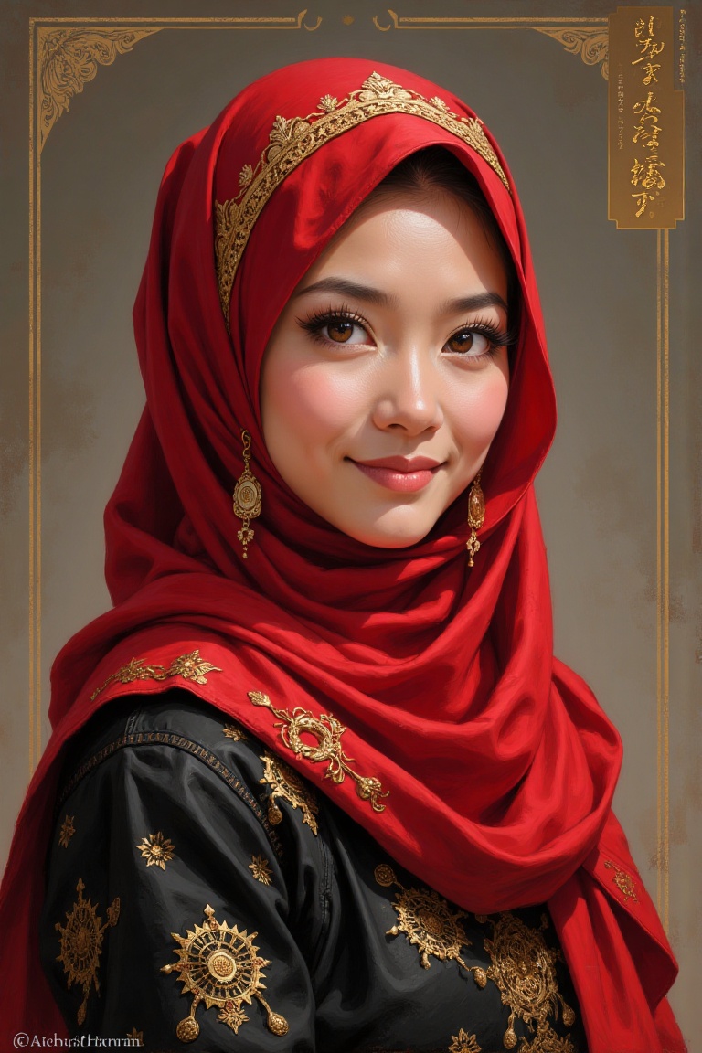Sebuah potret hiper-realistik seorang wanita muda yang memakai hijab kelabu muda yang elegan dan mengalir,  dihiasi dengan...