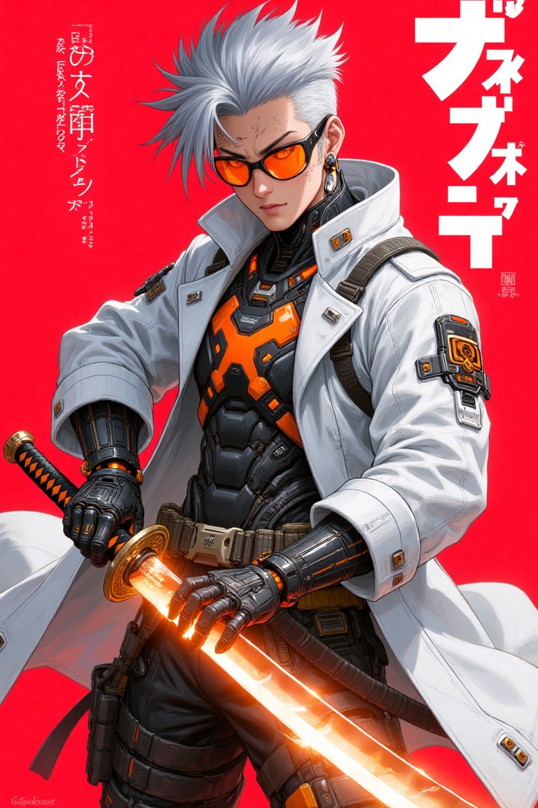 A cyberpunk samurai warrior with spiky silver hair and orange-tinted sunglasses,  sporting a white high-tech trench coat o...