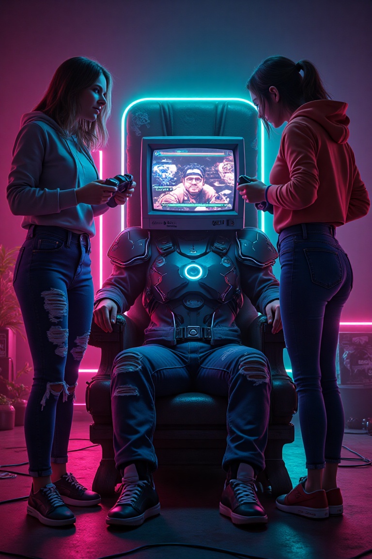 **"Photorealistic cinematic scene of a TV-HEAD MAN with a CRT screen displaying Tekken 7 gameplay,  his pixelated face smi...