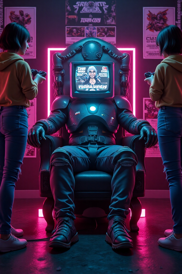 **"Photorealistic cinematic scene of a TV-HEAD MAN with a CRT screen displaying Tekken 7 gameplay,  his pixelated face smi...