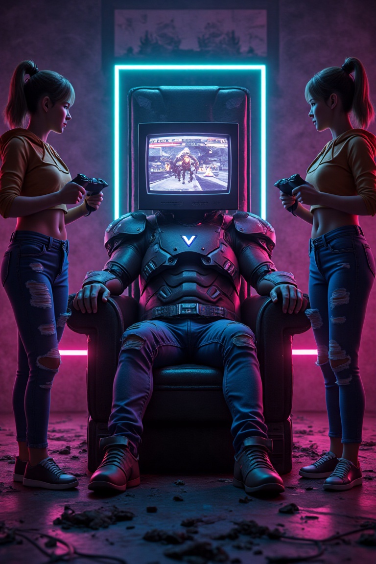 **"Photorealistic cinematic scene of a TV-HEAD MAN with a CRT screen displaying Tekken 7 gameplay,  his pixelated face smi...