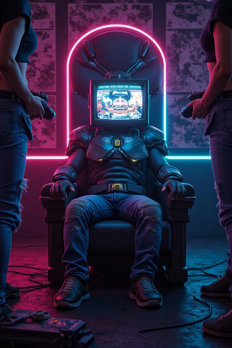 **"Photorealistic cinematic scene of a TV-HEAD MAN with a CRT screen displaying Tekken 7 gameplay,  his pixelated face smi...