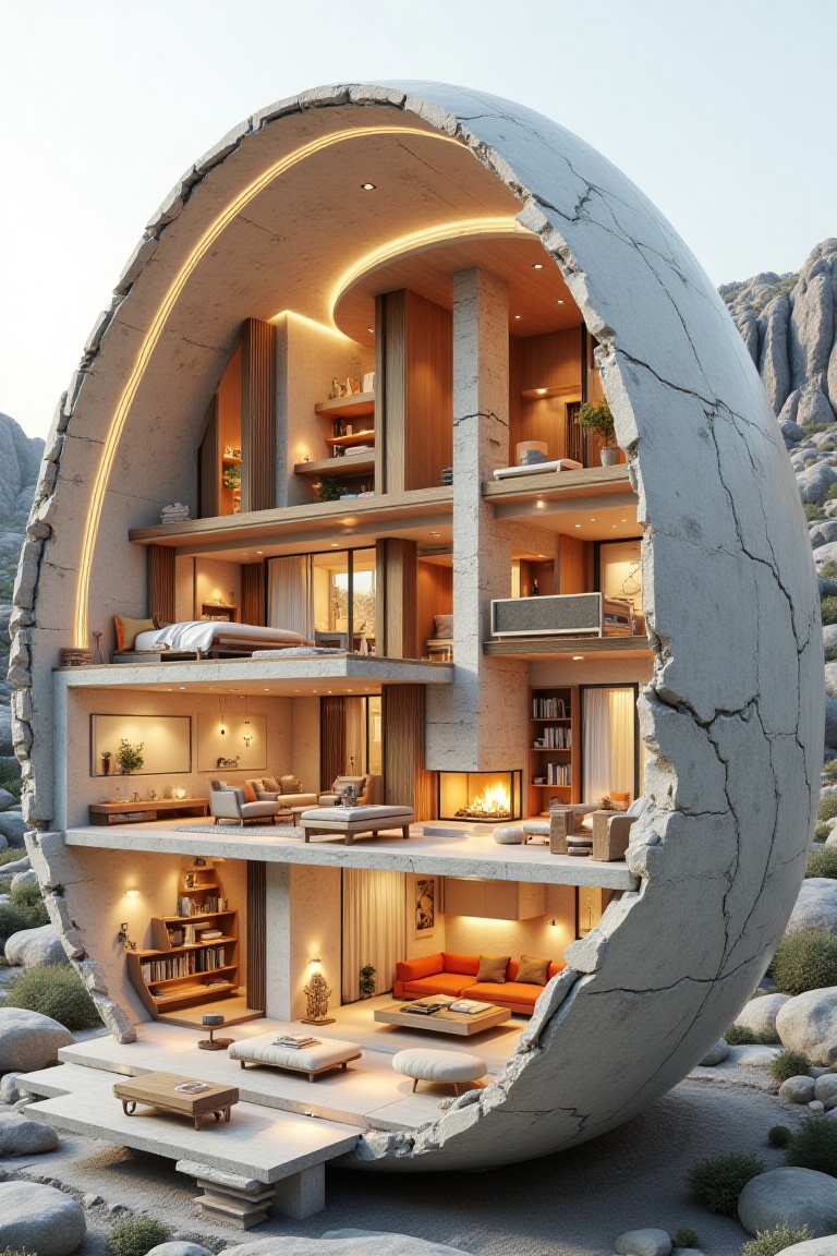 This surreal yet mesmerizing cross-section depicts a modern house with living room encased in a giant cracked eggshell. Th...