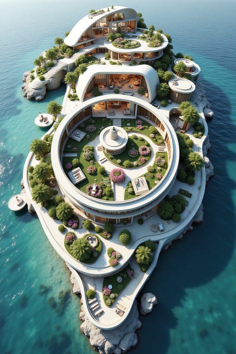 A breathtaking artificial island with modern house viewed from above,  designed in the precise shape of a wristwatch secti...