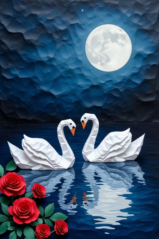 The image depicts a serene night scene with two origami swans gracefully floating on a calm body of water. The swans are c...