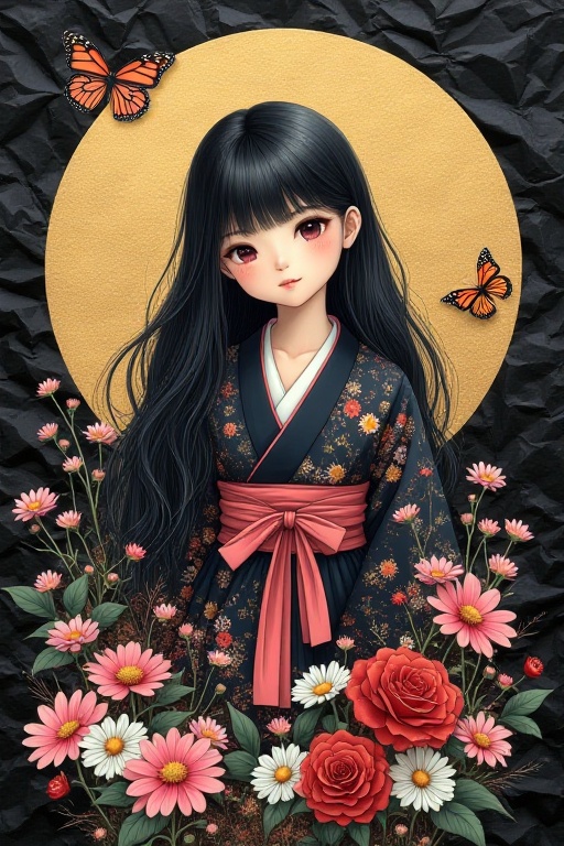 The image depicts a young girl with long black hair,  wearing a traditional Japanese outfit consisting of a dark kimono wi...