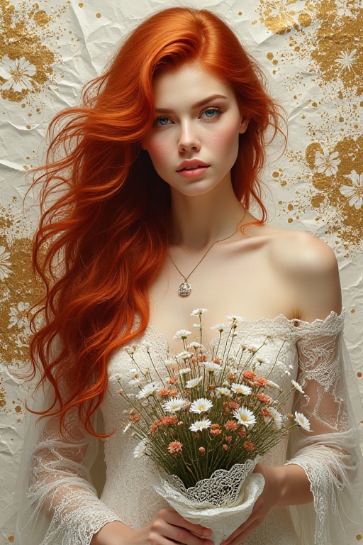 The image depicts a highly detailed and artistic portrait of a woman with long,  flowing red hair. She is wearing an intri...