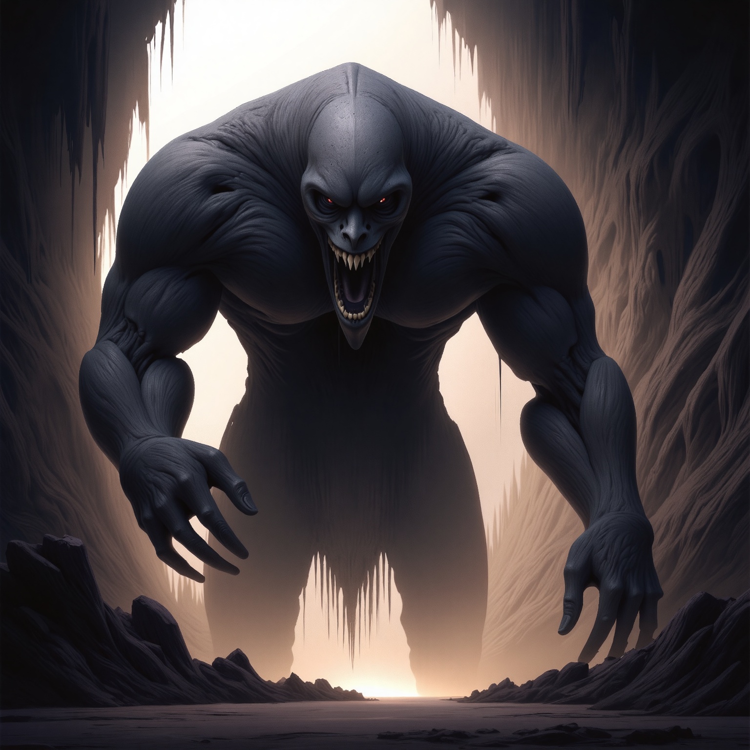 m0nm45m0n style,  The image depicts a colossal,  monstrous creature emerging from a dark on Tensor.Art