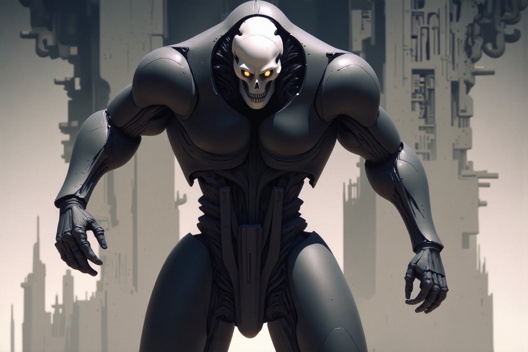 m0nm45m0n style,  The image depicts a dark,  futuristic figure standing in an urban environment with tall on Tensor.Art