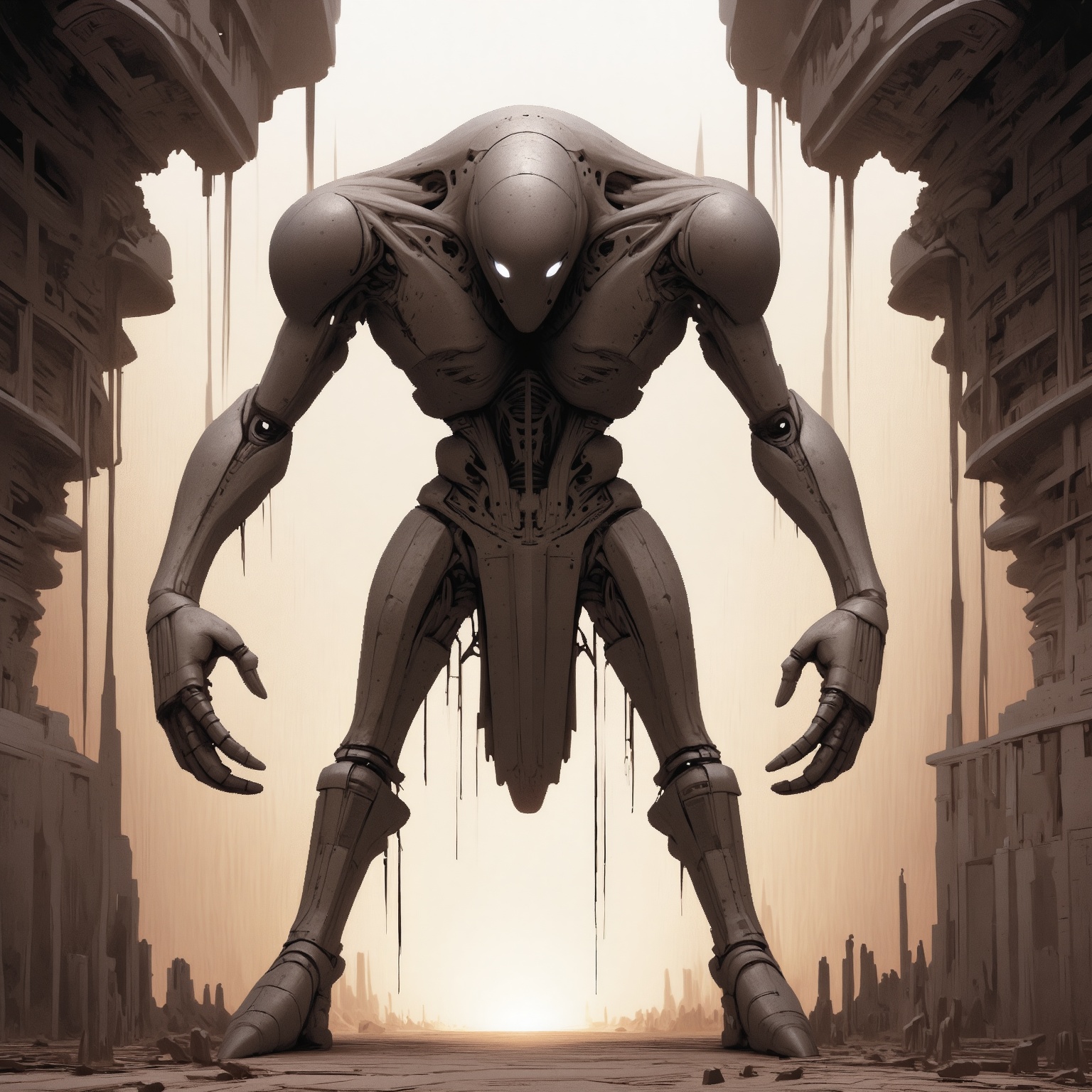 m0nm45m0n style,  The image depicts a colossal,  futuristic robot standing amidst a desolate on Tensor.Art
