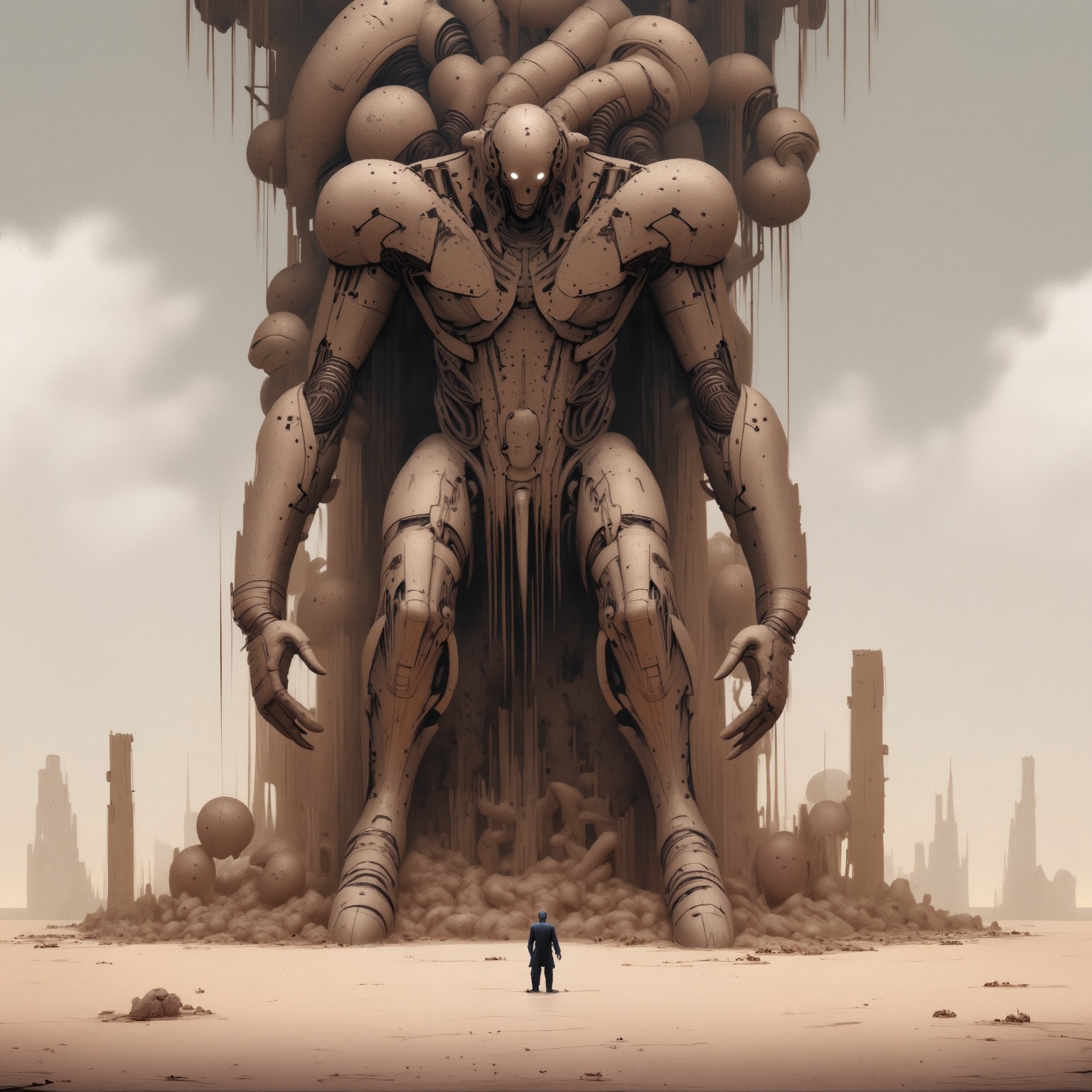 m0nm45m0n style,  The image depicts a surreal and dystopian scene set in a barren,  desert-like landscape under an overcas...
