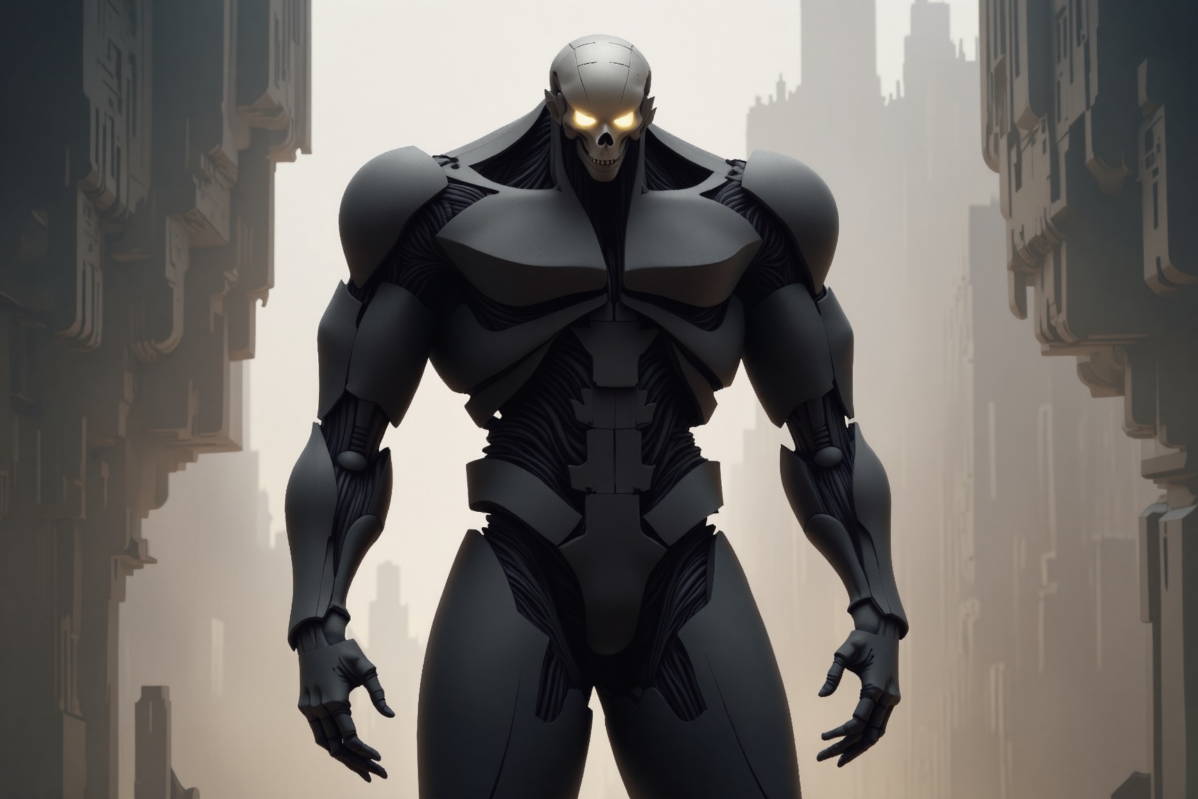 m0nm45m0n style,  The image depicts a dark,  futuristic figure standing in an urban environment with tall on Tensor.Art