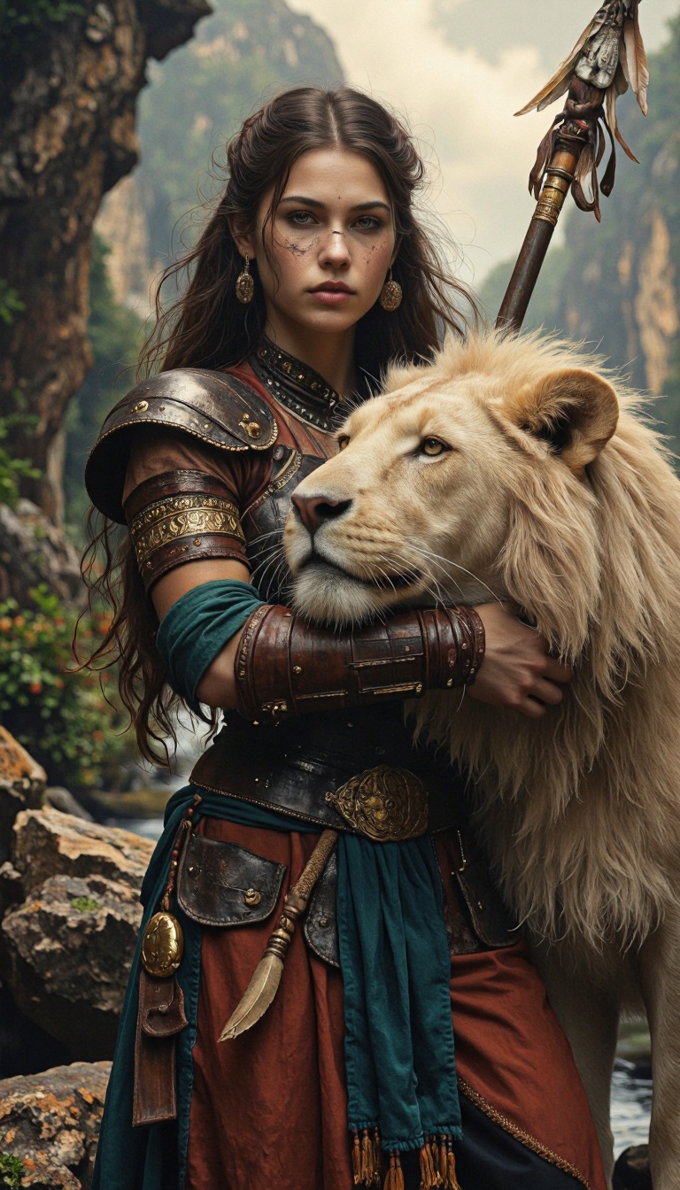 grunge art,  an epic and detailed fantasy scene featuring a warrior woman with long,  dark hair adorned with intricate bra...
