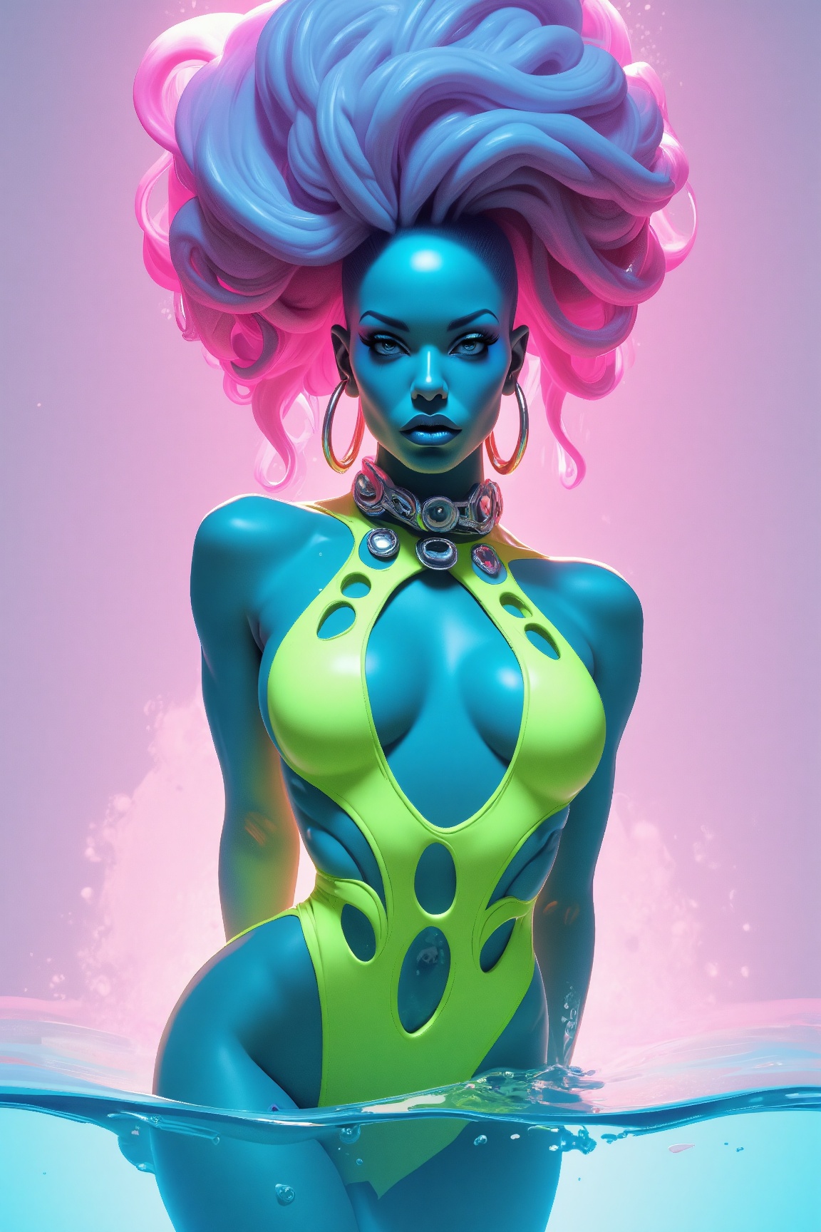 p4st3l9um style,  The image depicts a striking and surreal scene featuring a woman with a futuristic,  cybernetic appearan...