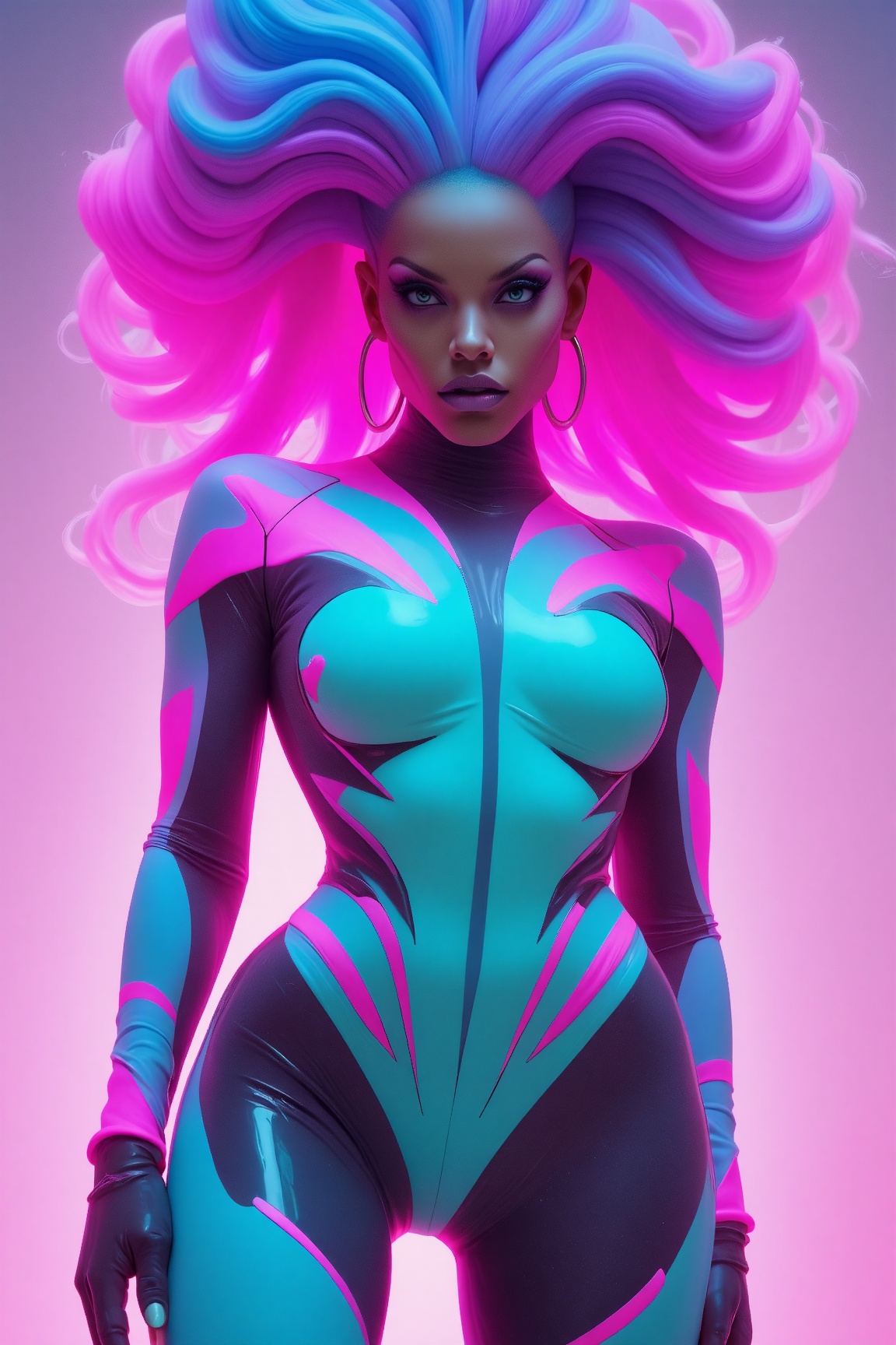 p4st3l9um style,  The image depicts a striking and futuristic character standing confidently with one hand on their hip. T...