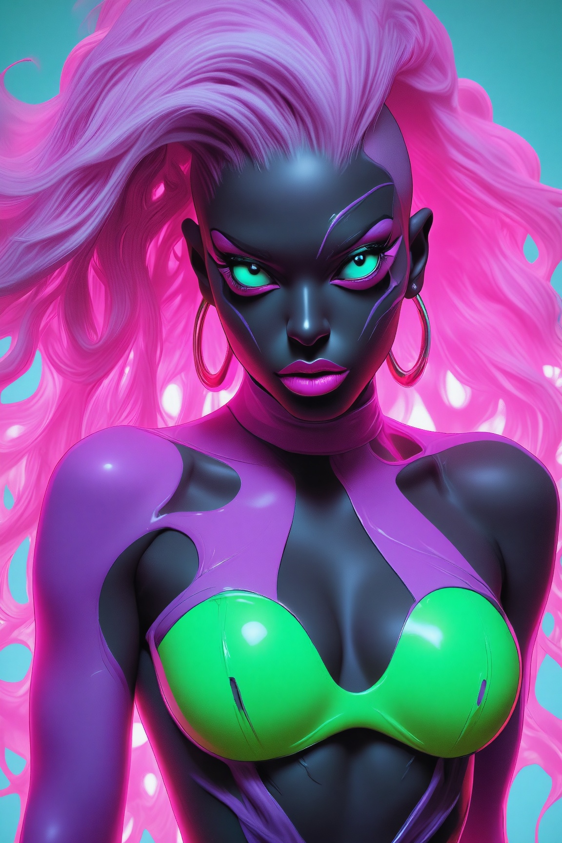 p4st3l9um style,  The image depicts a highly detailed and vibrant digital artwork of a female character with a striking an...