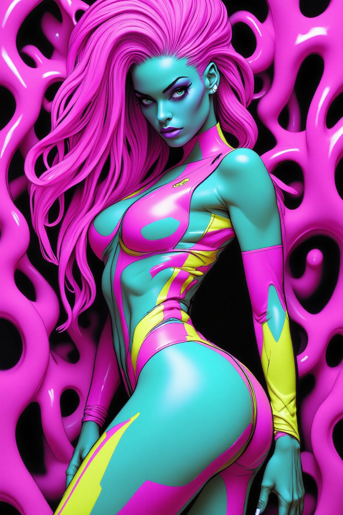 p4st3l9um style,  The image depicts an intricate and vibrant digital artwork featuring a female character with striking fe...