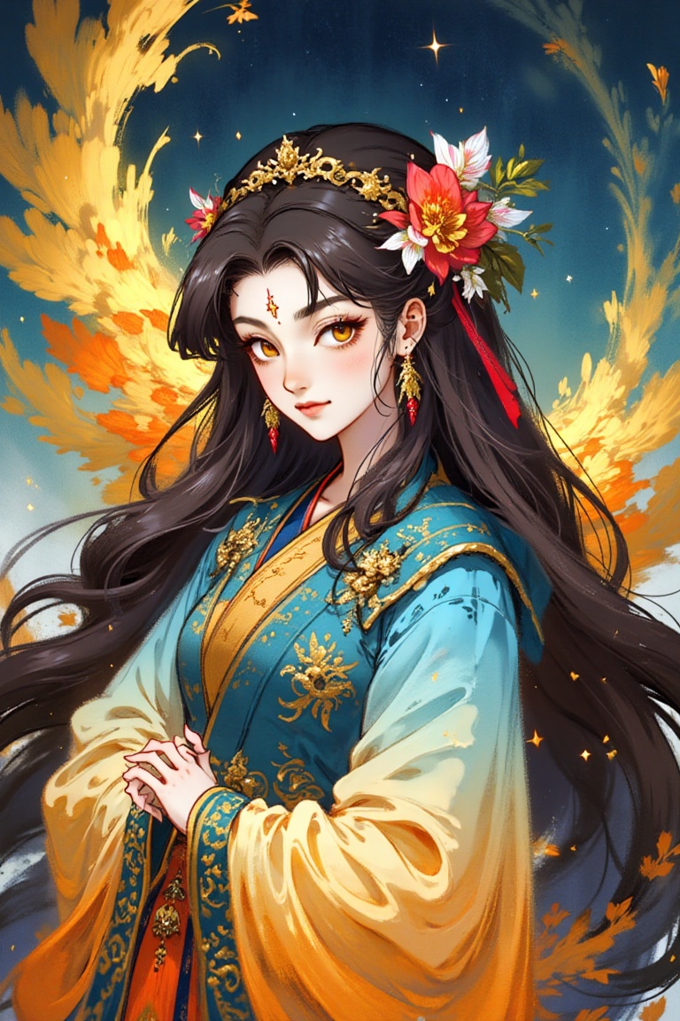 The image depicts a beautifully illustrated character with long,  flowing dark hair adorned with a vibrant floral headpiec...