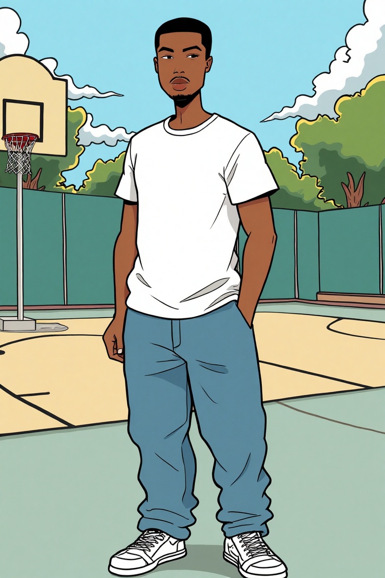 An illustration of a man dressed in white shirt ,  casual baggy jeans with short black hair,  basket ball court on Tensor.Art