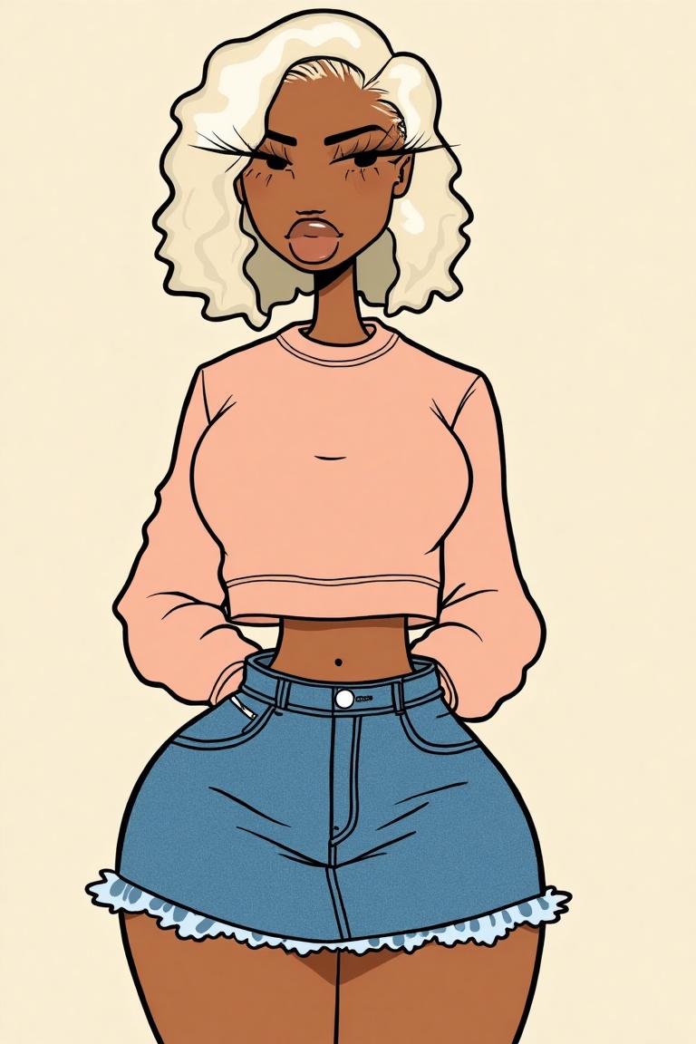 An illustration of a woman dressed in crop sweatshirt,  Jean skirt and with short white hair,  full lips on Tensor.Art