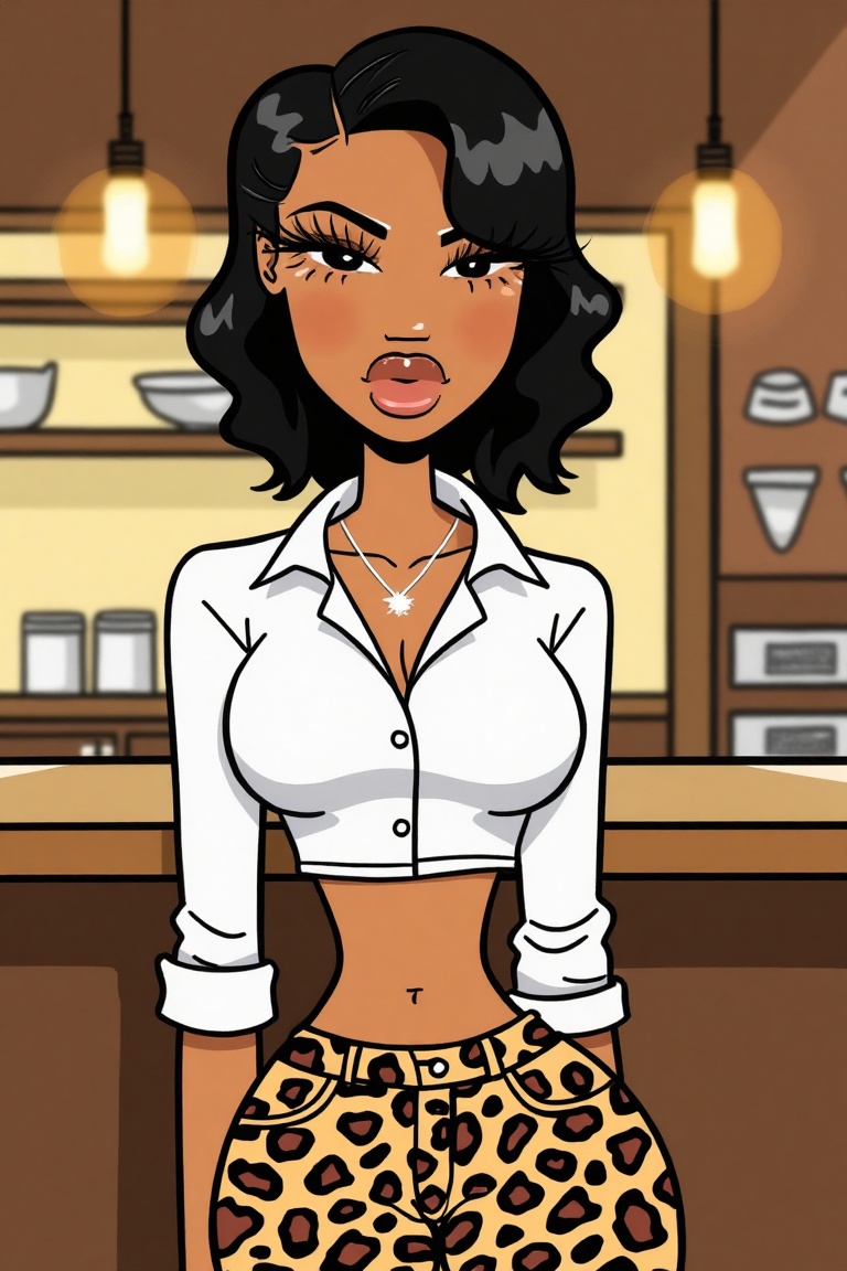 An illustration of a woman dressed in crop white shirt ,  animal print jeans with short black hair,  full lips on Tensor.Art