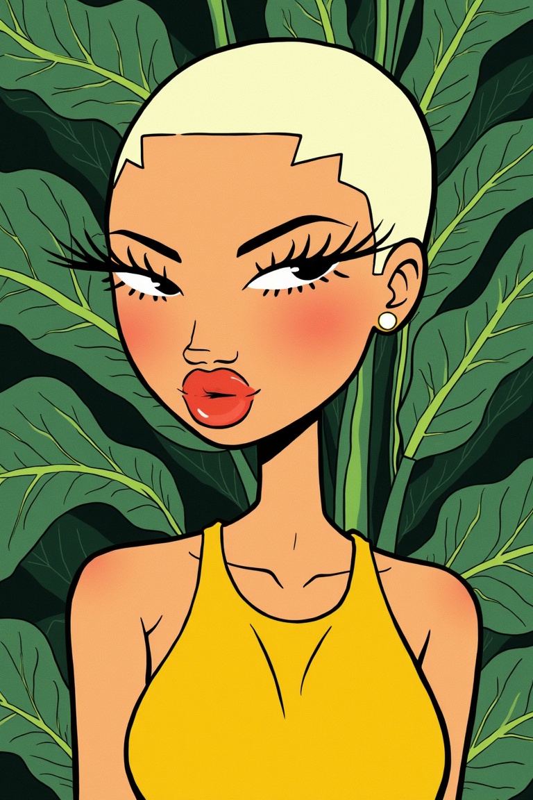 an illustration in labo_style of a girl with a white buzzcut ,  she thick lips ,  yellow dress on Tensor.Art