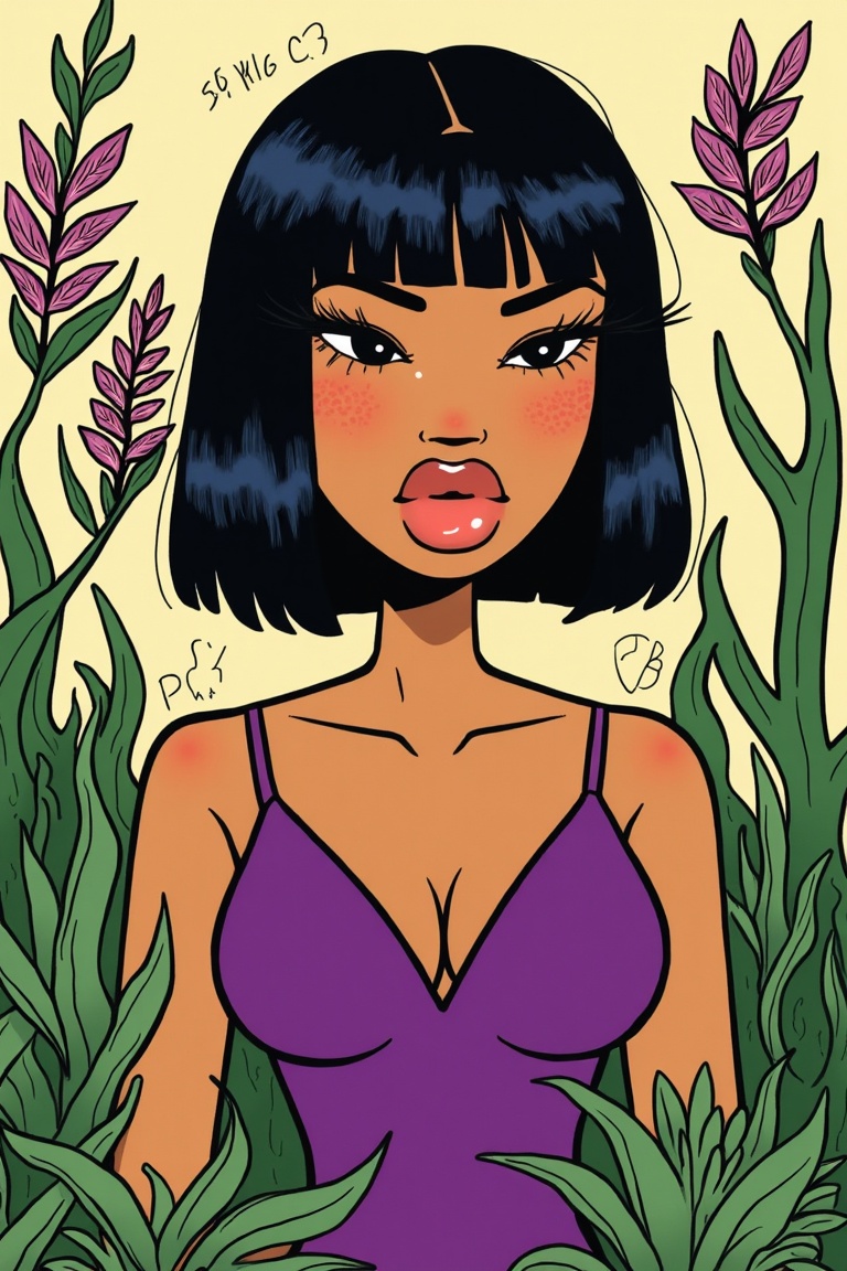 an illustration in labo_style of a woman with a bobcut hairstyle ,  she thick lips ,  purple flair dress on Tensor.Art