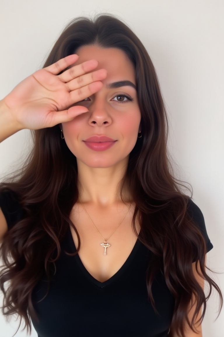 photograph of a beautiful young woman with long wavy hair,  wearing a black top,  hand covering her right eye and face on...