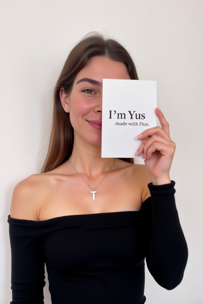 This is a photograph of a young woman with long hair. She has a subtle smile. She is holding a white card with black text...