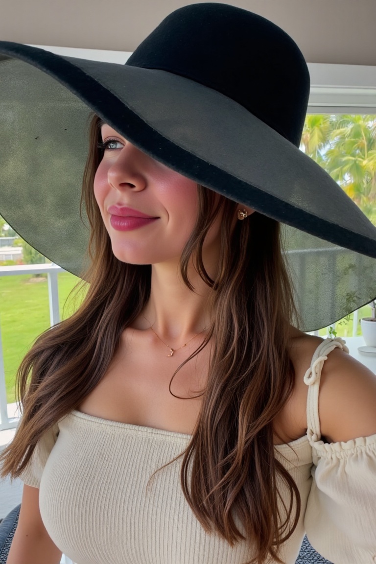 photo of a beautiful young woman,  long hair,  wearing a black wide-brimmed hat on Tensor.Art
