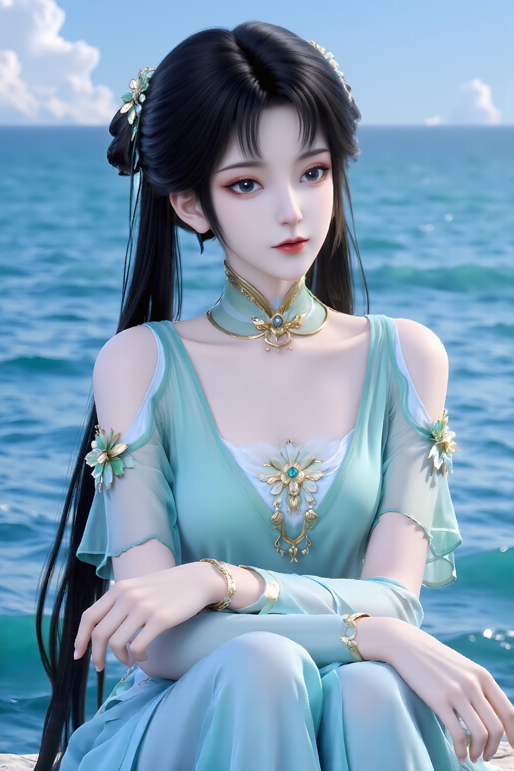 The image depicts a young woman with long black hair styled into two pigtails,  each adorned with green and white flowers....