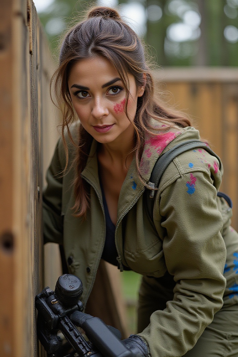 CarolModel,  40-year-old woman,  wearing a fitted tactical paintball uniform in olive green on Tensor.Art