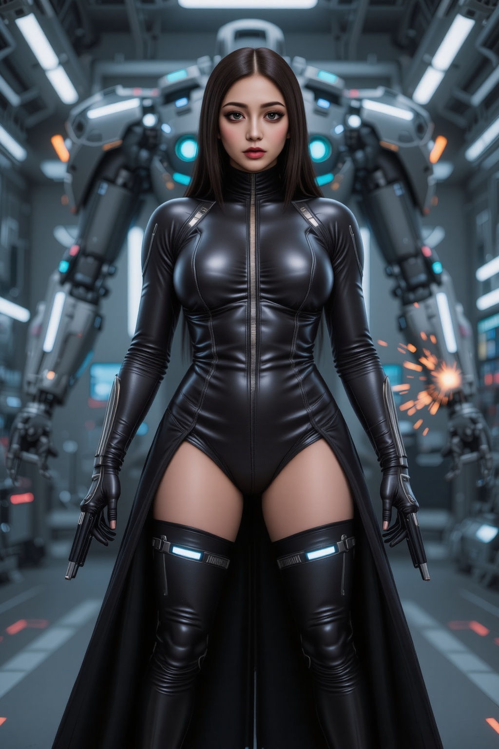 A futuristic semi-realistic cyberpunk girl with a hybrid human-machine body,  standing in front of a massive industrial me...