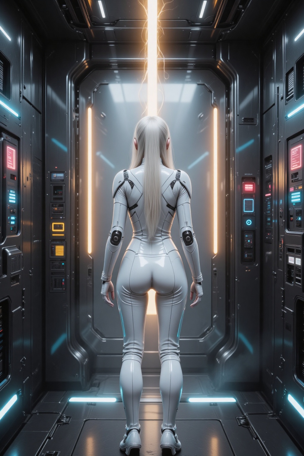 Seen entirely from behind,  a cyber girl with white hair stands in the center of a futuristic elevator crafted from polish...