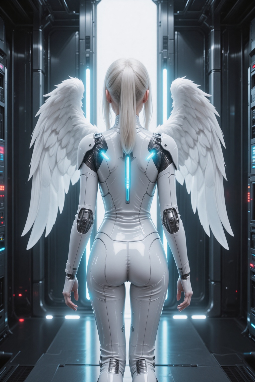 From a steady rear view,  a white-haired cyber angel girl stands tall inside a silent elevator chamber forged from polishe...