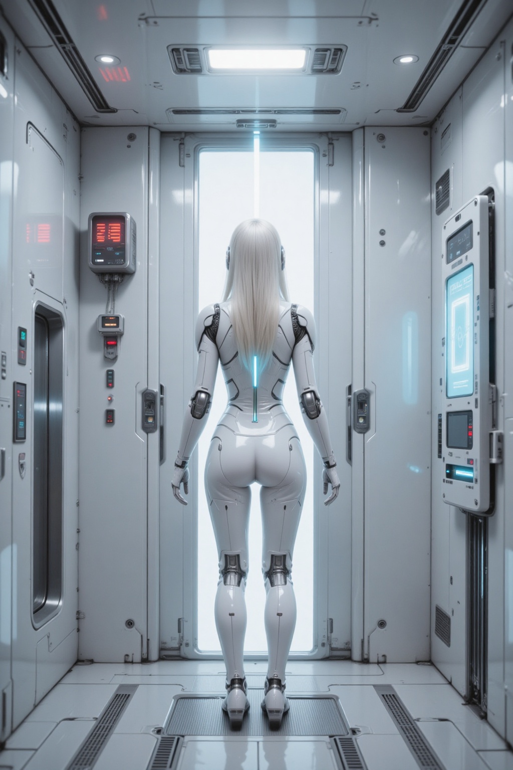 From a rear,  mid-height angle,  a white-haired cybernetic girl stands alone inside a pristine on Tensor.Art