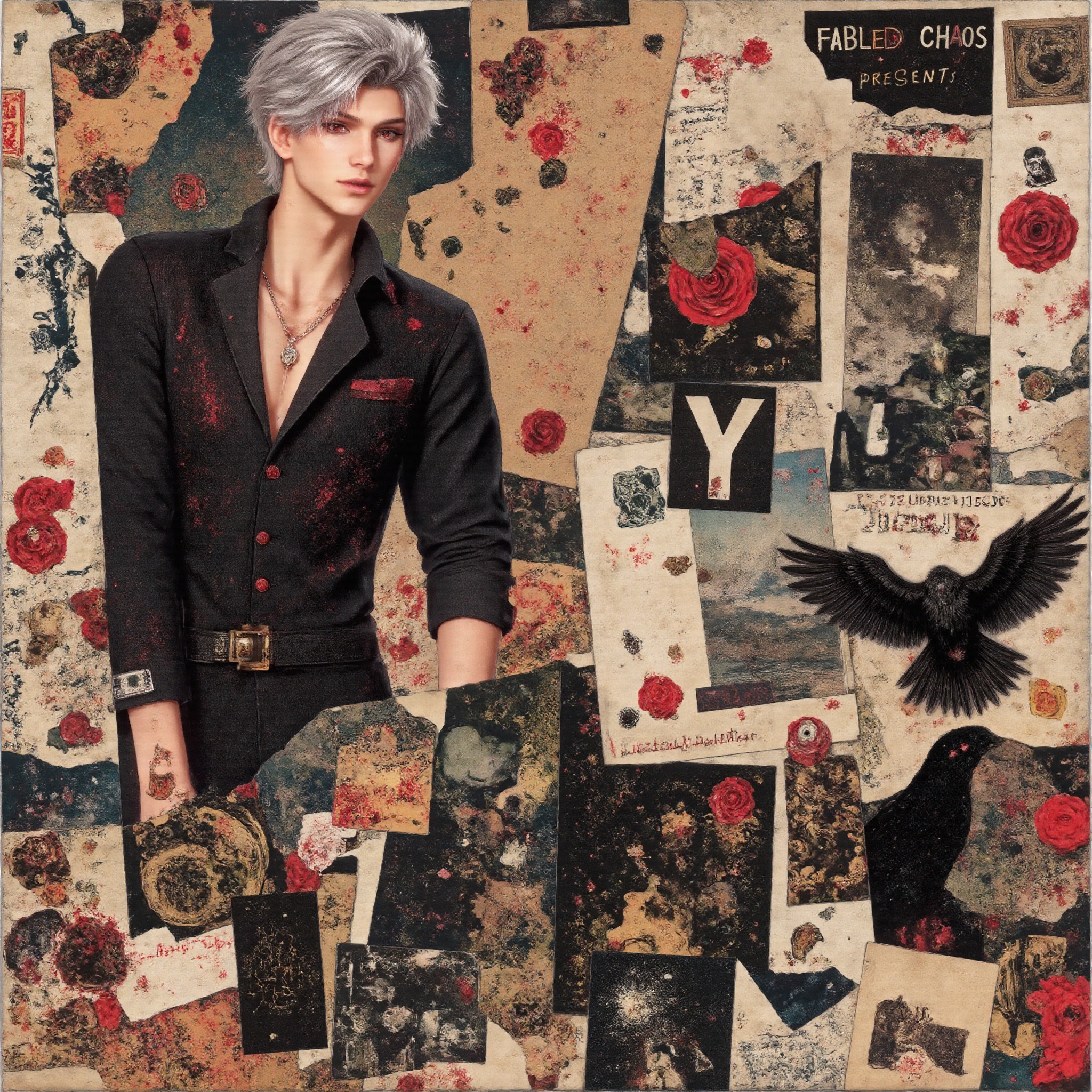 sylus_cf,  high-fashion anime collage poster of a strikingly handsome man with short silver hair and glowing red eyes,  we...